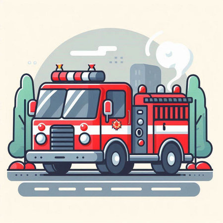 Fire truck on the road. Vector illustration in flat design style.のイラスト素材