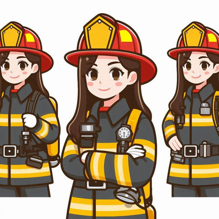 Illustration of a Firefighter Girl with Different Occupation and Different Professionsのイラスト素材