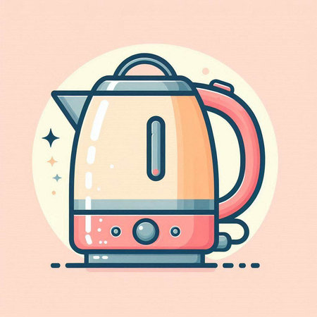 Vector illustration of electric kettle in flat line style. Isolated on pink background.のイラスト素材