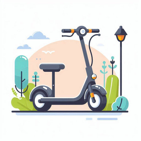 Modern scooter in the park. Vector illustration in flat style.のイラスト素材