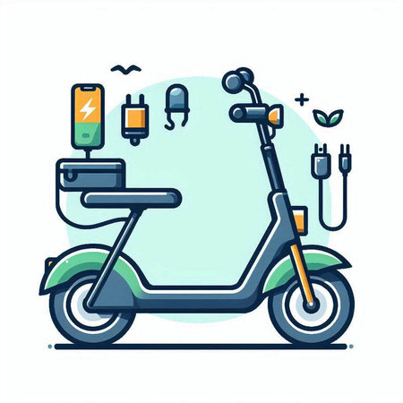 Electric scooter with charge cable and battery. Vector illustration in flat styleのイラスト素材