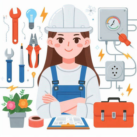 Female electrician in helmet and overalls. Vector flat illustration.のイラスト素材