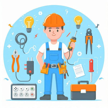 Electrician man with tools. Electrician in uniform. Vector illustrationのイラスト素材