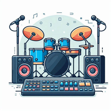 Vector illustration of set of musical instruments. Microphone, drum kit, dj mixer and synthesizer.のイラスト素材