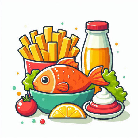 Fish and Fries isolated on a white background. Vector illustration.のイラスト素材