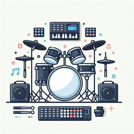 Drum set. Vector illustration in thin line style. Music instruments.のイラスト素材