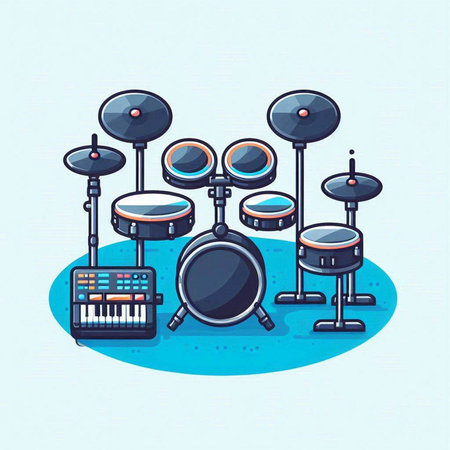 Drum set on blue background. Vector illustration in cartoon style.のイラスト素材