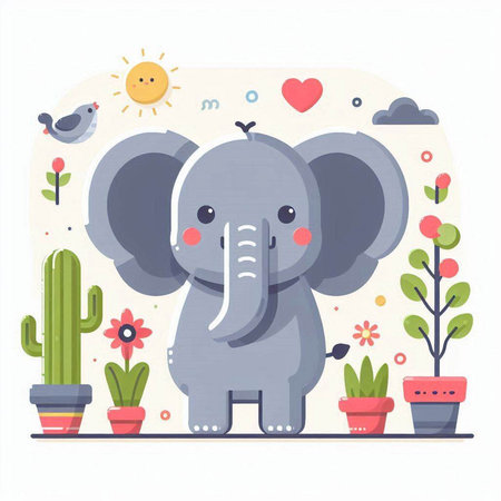 Cute elephant with flowers in pots. Flat style vector illustration.のイラスト素材