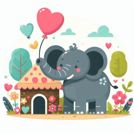 Cute cartoon elephant with heart balloon and house. Vector illustration.のイラスト素材