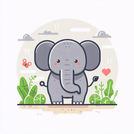 Cute elephant in the garden. Vector illustration in flat style.のイラスト素材