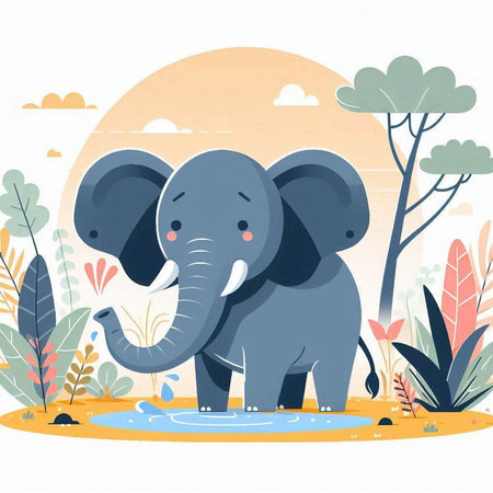 Vector illustration of cute elephant in the park. Flat style design.のイラスト素材