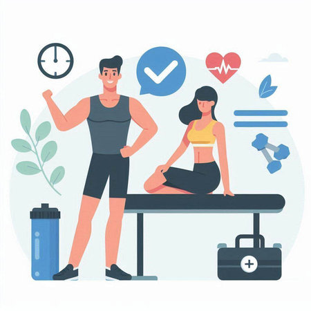 Man and woman doing fitness exercises in gym. Vector illustration in flat styleのイラスト素材