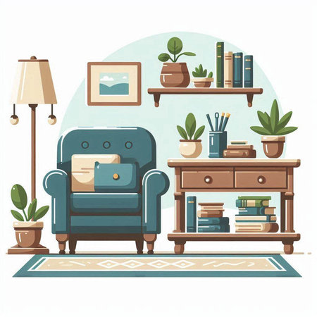Living room interior with armchair, bookshelf, lamp and plants. Vector illustrationのイラスト素材