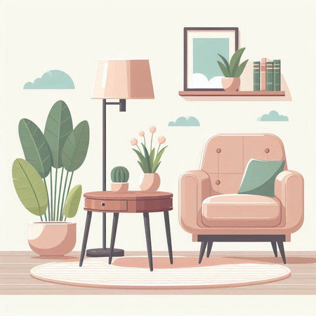 Living room interior design with armchair, table and plant. Vector illustration.のイラスト素材