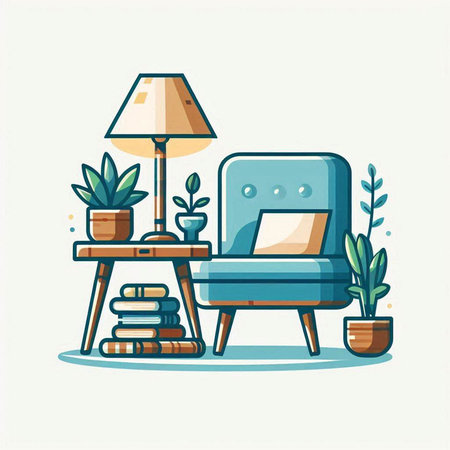 Living room with armchair, lamp, books and plants. Vector illustration.のイラスト素材