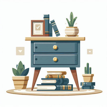 Wooden chest of drawers with books, potted plants and vase with cactus. Vector illustration.のイラスト素材