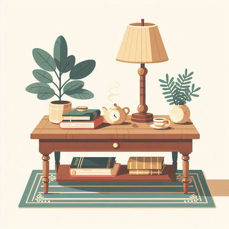 Cozy home interior with books, coffee cup and table lamp. Vector illustration.のイラスト素材
