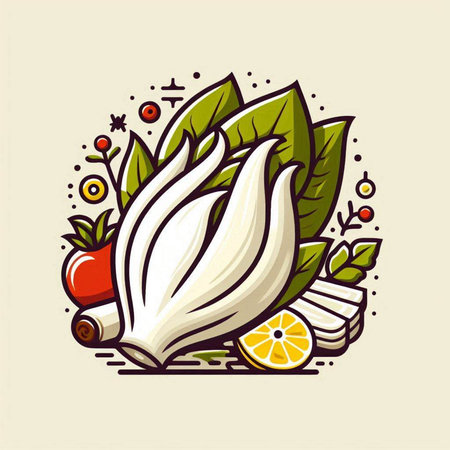 Vegetarian food emblem with radicchio and lemon. Vector illustration.のイラスト素材
