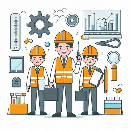 Engineer and architect working with construction tools on white background. Vector illustration.のイラスト素材