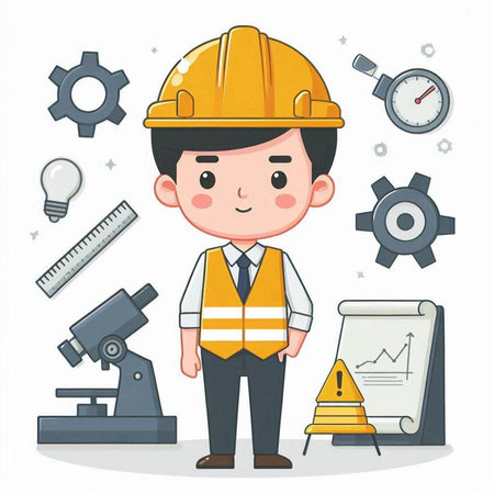 Engineer man with safety helmet and equipment. Vector illustration in cartoon style.のイラスト素材