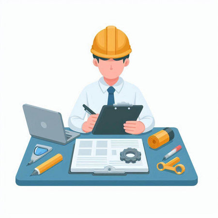 Architect working with laptop and documents. Flat vector illustration isolated on white background.のイラスト素材