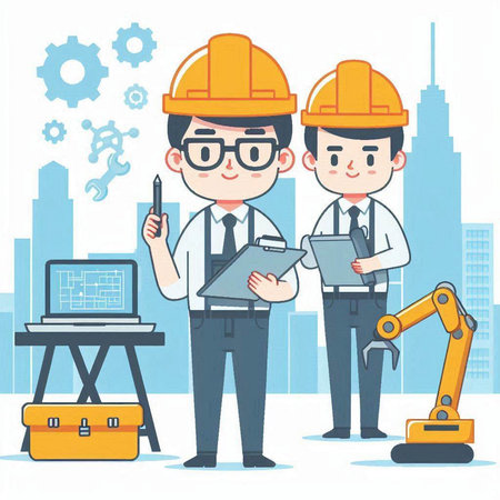 Engineer and engineer working on construction site. Vector flat cartoon illustrationのイラスト素材