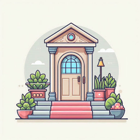 Flat design vector illustration of the entrance to the building with a wooden door and a flowerpot.のイラスト素材