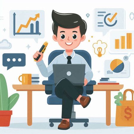 Businessman working on laptop in office. Vector flat cartoon illustration.のイラスト素材