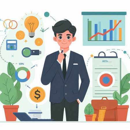 Businessman standing at the office desk. Vector illustration in flat styleのイラスト素材