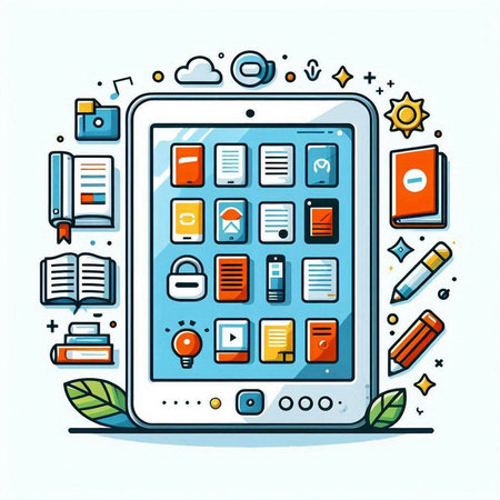 Tablet computer with different icons and symbols. Flat vector illustration.のイラスト素材