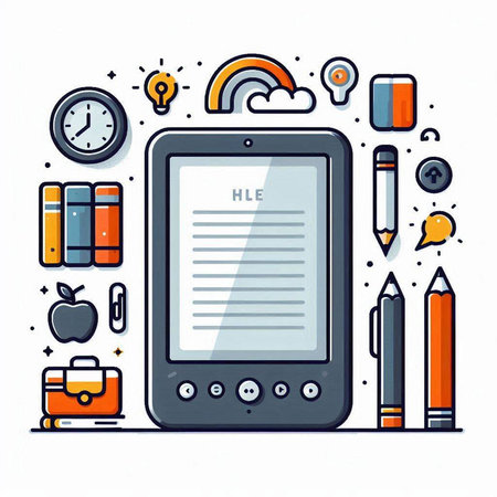 Tablet computer with school supplies on white background. Vector illustration.のイラスト素材