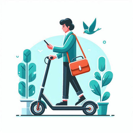 Businessman riding electric scooter. Young man using smart phone. Vector flat illustrationのイラスト素材