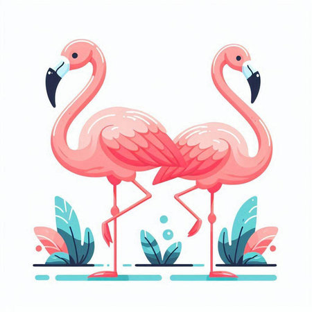 Two flamingos on a white background. Vector illustration in flat style.のイラスト素材