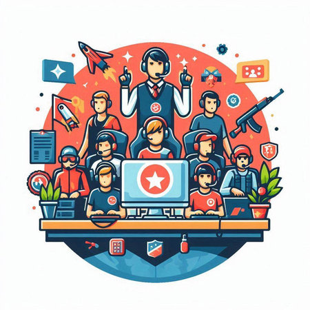 Group of people playing video games. Vector illustration in trendy linear style.のイラスト素材