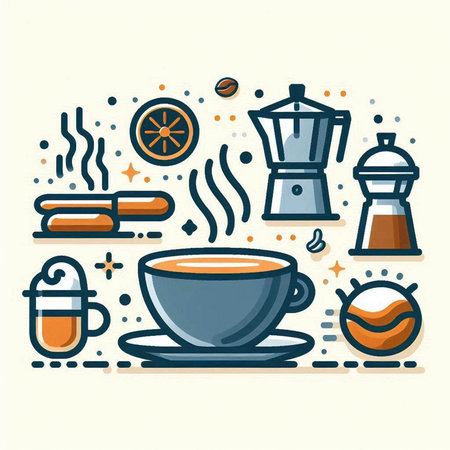 Coffee time flat line icons set. Vector illustration in linear styleのイラスト素材