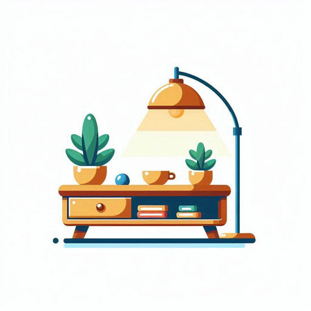 Vector illustration of a table with a lamp, a coffee cup and a plant in a pot.のイラスト素材