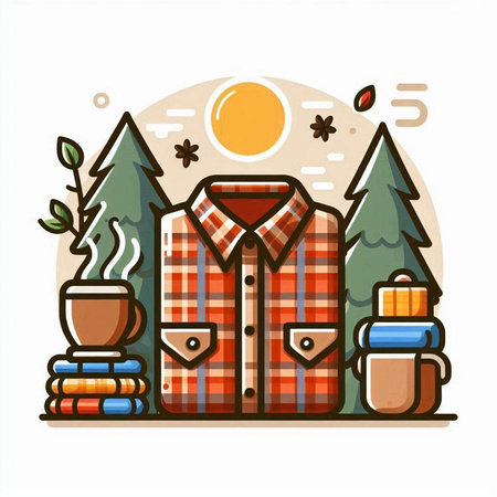 Vector illustration of men's shirt with a mug of coffee in the forest.のイラスト素材