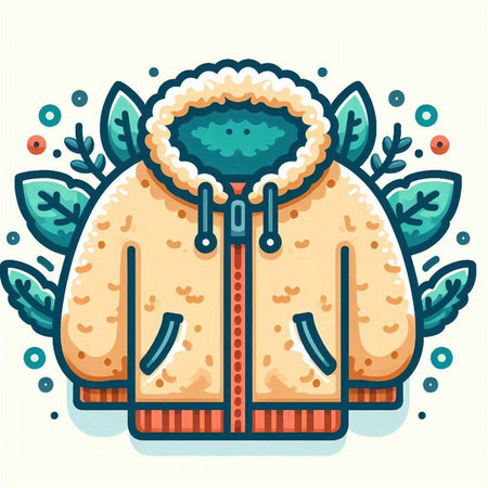 Vector illustration of a warm winter coat on a background of leaves and circles.のイラスト素材