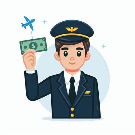 Pilot with money. Vector illustration in cartoon style on white background.のイラスト素材