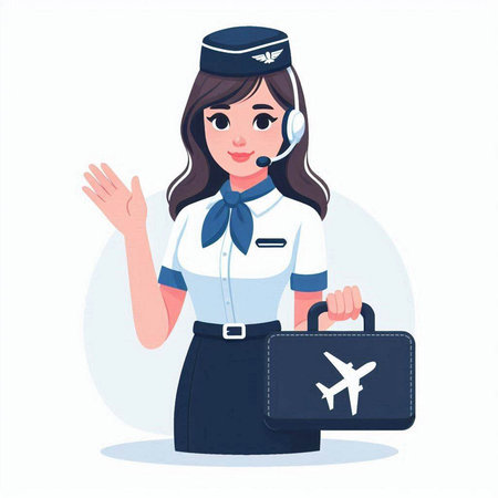 Stewardess in uniform and with a suitcase. Vector illustration.のイラスト素材