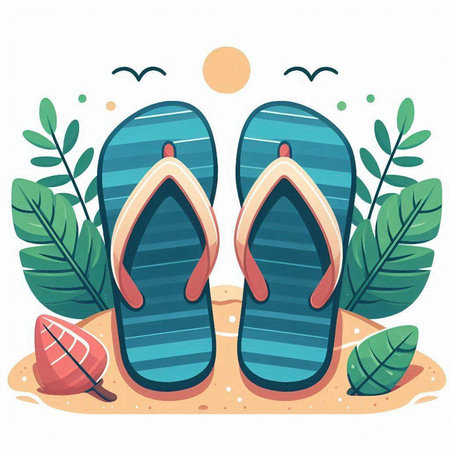 Flip flops on the beach. Vector illustration in flat styleのイラスト素材