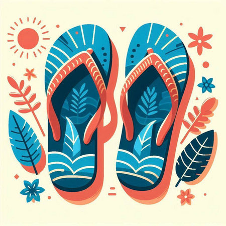 Flip flops with tropical leaves and sun. Vector illustration.のイラスト素材