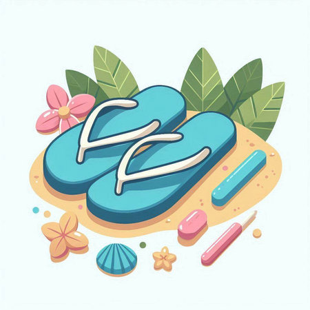 Flip flops with lettering and seashells. Vector illustrationのイラスト素材