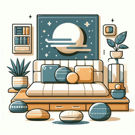Vector illustration of a cozy living room with a sofa, bookshelf, coffee table, plants, pillows and other items.のイラスト素材