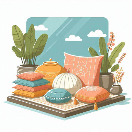 Illustration of a set of pillows, cushions and potted plantsのイラスト素材