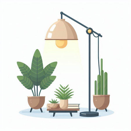 Illustration of a house lamp with plants in pots on a white backgroundのイラスト素材