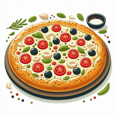 Pizza with mushrooms, olives and tomato. Vector illustration.のイラスト素材
