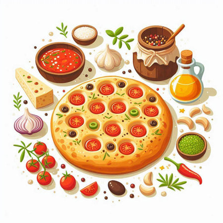 Pizza with ingredients and spices on white background. Vector illustration.のイラスト素材