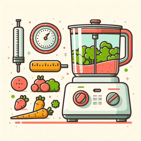 Kitchen appliances, vector illustration in flat design style. Juicer, blender, thermometer, syringe, carrot, lettuce, tomato, broccoli.のイラスト素材