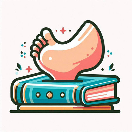 Pile of books with human foot on top. Vector illustration.のイラスト素材